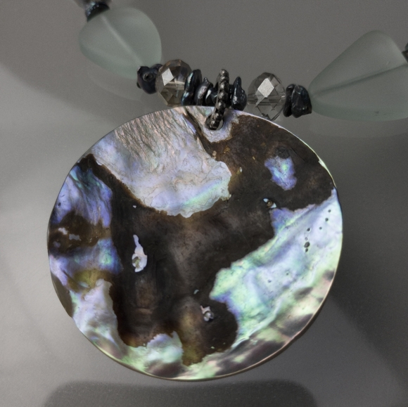 Abalone Shell SeaGlass Necklace Unique Beautiful Front & Back Handmade w. Box - Picture 6 of 8